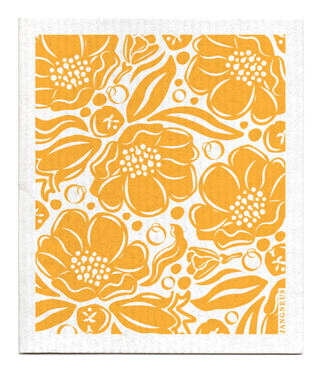 Ochre flora patterned reusable Swedish dishcloth made from cellulose and cotton by Jangneus