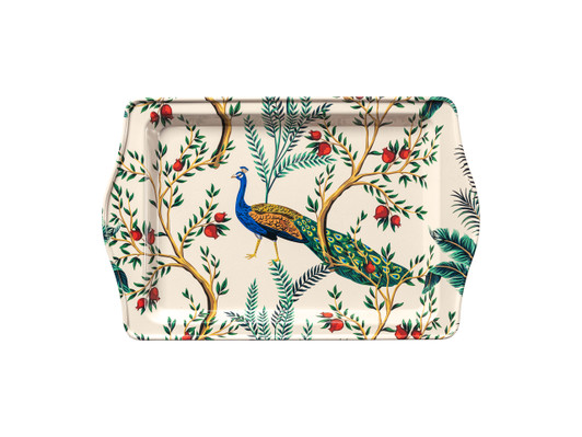 Small food-safe Turkish metal tray featuring the Peacock pattern