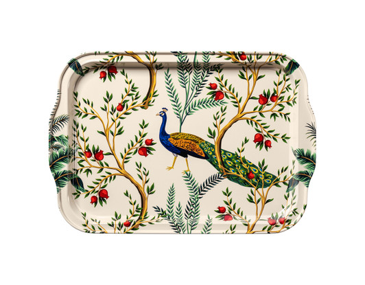 Large food-safe Turkish metal tray featuring the Peacock pattern