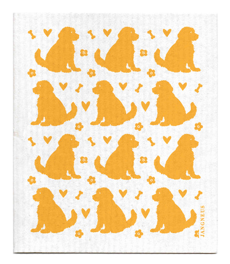 Ochre doodle dog patterned reusable Swedish dishcloth made from cellulose and cotton by Jangneus