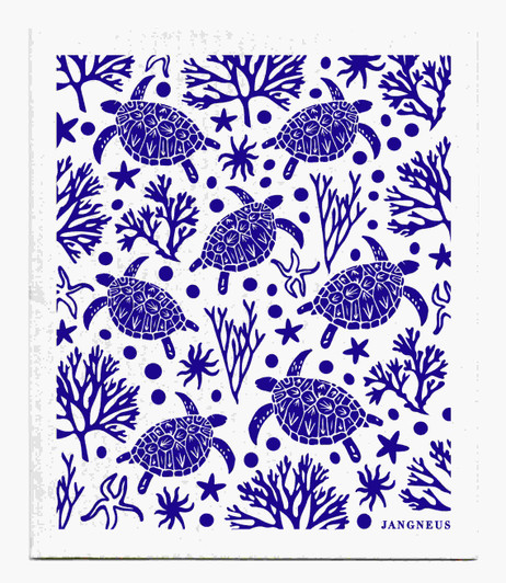 Blue turtle patterned reusable Swedish dishcloth made from cellulose and cotton by Jangneus