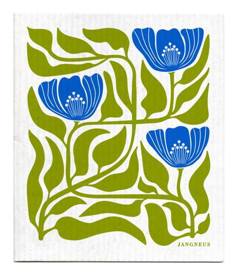 Green and blue flower patterned reusable Swedish dishcloth made from cellulose and cotton by Jangneus