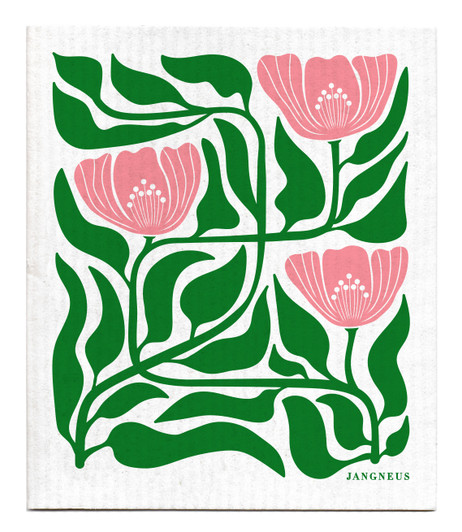 Green and pink flower patterned reusable Swedish dishcloth made from cellulose and cotton by Jangneus