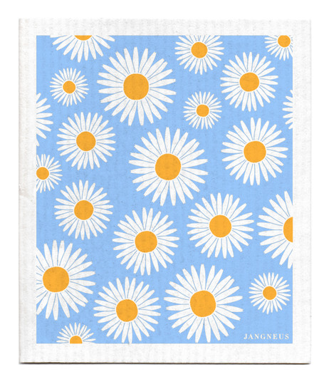 Blue and ochre daisy patterned reusable Swedish dishcloth made from cellulose and cotton by Jangneus