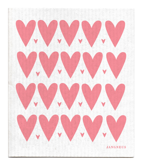 Blush pink mini heart patterned reusable Swedish dishcloth made from cellulose and cotton by Jangneus
