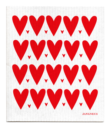 Red mini heart patterned reusable Swedish dishcloth made from cellulose and cotton by Jangneus