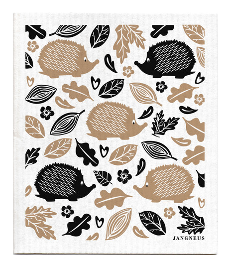 Black and sand hedgehog patterned reusable Swedish dishcloth made from cellulose and cotton by Jangneus