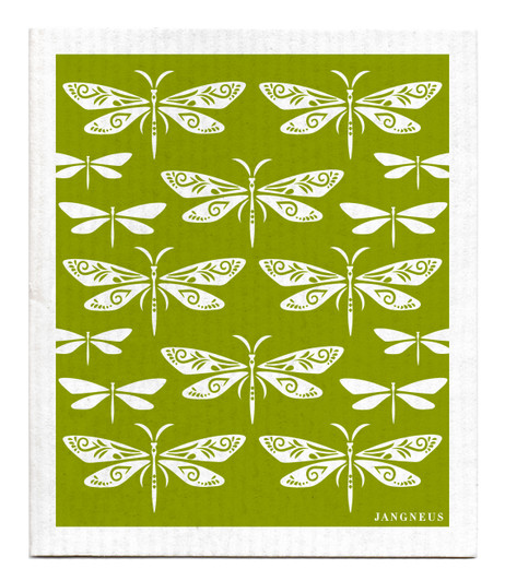 Green dragonfly patterned reusable Swedish dishcloth made from cellulose and cotton by Jangneus