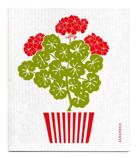 Red geranium patterned reusable Swedish dishcloth made from cellulose and cotton by Jangneus