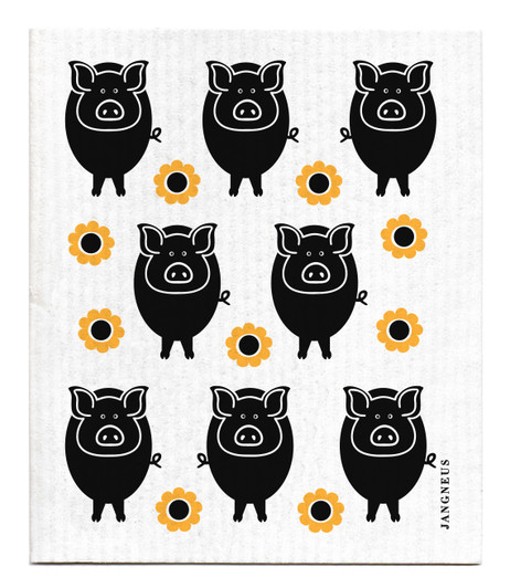 Black pigs patterned reusable Swedish dishcloth made from cellulose and cotton by Jangneus