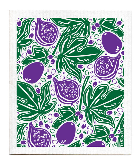 Green figs patterned reusable Swedish dishcloth made from cellulose and cotton by Jangneus
