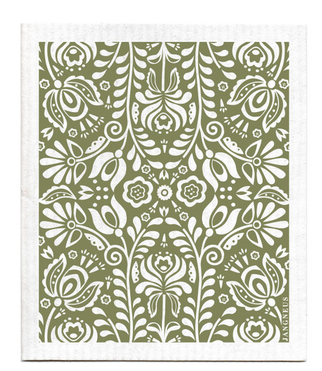 Olive green Scandi Bloom patterned reusable Swedish dishcloth made from cellulose and cotton by Jangneus