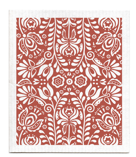Swedish red Scandi Bloom patterned reusable Swedish dishcloth made from cellulose and cotton by Jangneus
