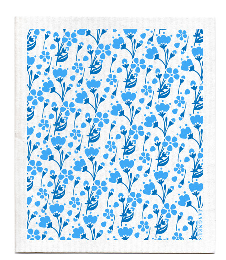 Blue buttercup patterned reusable Swedish dishcloth made from cellulose and cotton by Jangneus