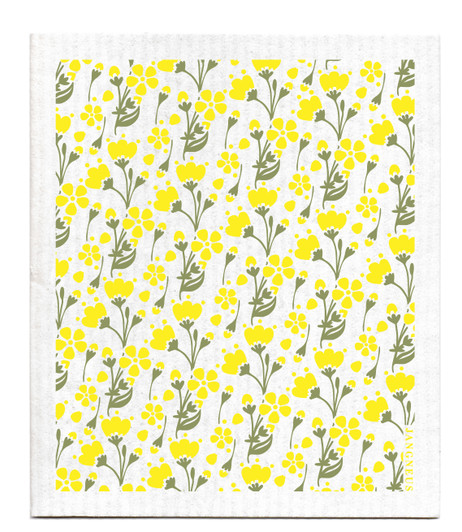 Yellow buttercup patterned reusable Swedish dishcloth made from cellulose and cotton by Jangneus