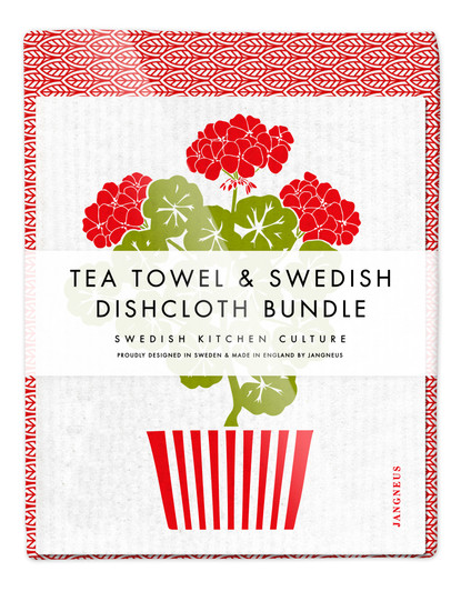 Leaves tea towel with two Geranium Swedish dishcloths in red by Jangneus