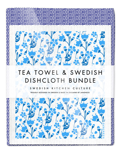 Leaves tea towel with two Buttercup Swedish dishcloths in blue by Jangneus