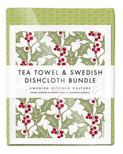 Leaves tea towel with two Holly Swedish dishcloths in green by Jangneus