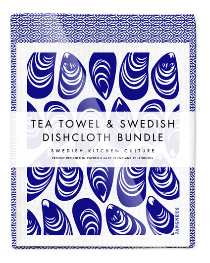 Mussels Blue Tea Towel with two matching reusable dishcloths by Jangneus