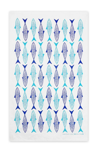 Blue fish patterned Swedish kitchen towel made from natural linen and cotton by Jangneus