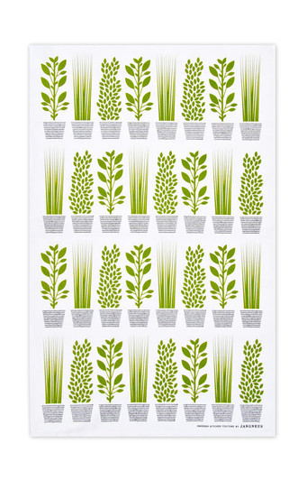Green herbs patterned Swedish kitchen towel made from natural linen and cotton by Jangneus