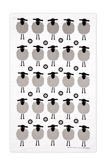 Black sheep patterned Swedish kitchen towel made from natural linen and cotton by Jangneus