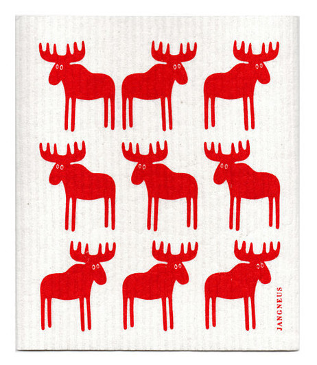 Red moose patterned reusable Swedish dishcloth made from cellulose and cotton by Jangneus