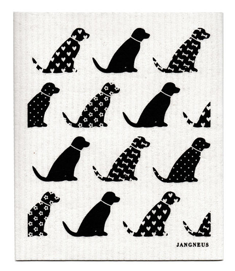 Black dogs patterned reusable Swedish dishcloth made from cellulose and cotton by Jangneus