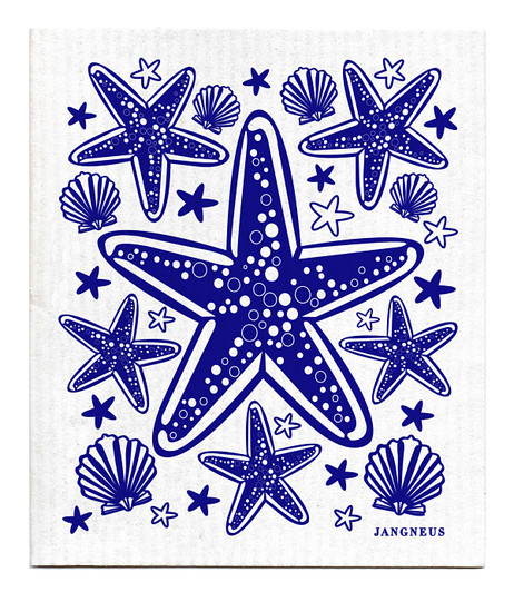Blue starfish patterned reusable Swedish dishcloth made from cellulose and cotton by Jangneus