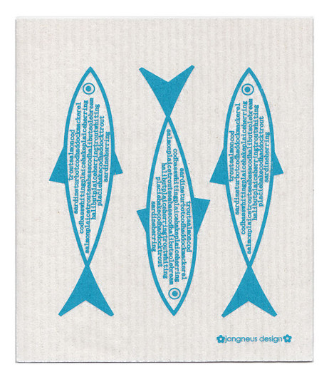 Turquoise fish patterned reusable Swedish dishcloth made from cellulose and cotton by Jangneus