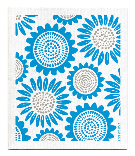 Turquoise sunflower patterned reusable Swedish dishcloth made from cellulose and cotton by Jangneus
