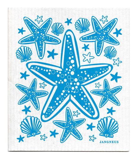 Turquoise starfish patterned reusable Swedish dishcloth made from cellulose and cotton by Jangneus
