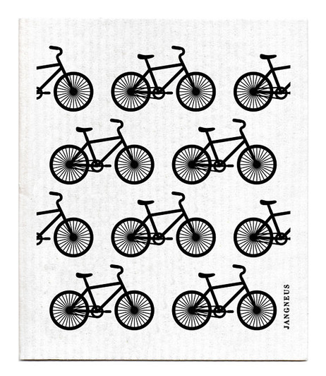 Black bicycle patterned reusable Swedish dishcloth made from cellulose and cotton by Jangneus