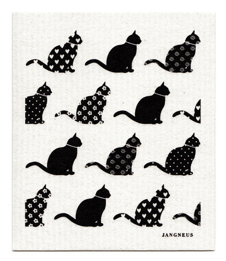 Black cats patterned reusable Swedish dishcloth made from cellulose and cotton by Jangneus