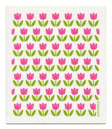 Pink tulip patterned reusable Swedish dishcloth made from cellulose and cotton by Jangneus