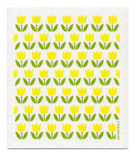 Yellow tulip patterned reusable Swedish dishcloth made from cellulose and cotton by Jangneus