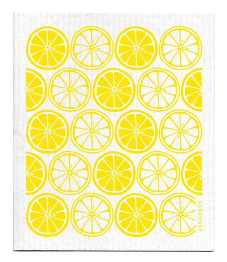 Yellow citrus patterned reusable Swedish dishcloth made from cellulose and cotton by Jangneus