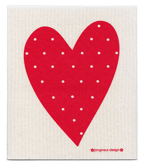 Red heart patterned reusable Swedish dishcloth made from cellulose and cotton by Jangneus