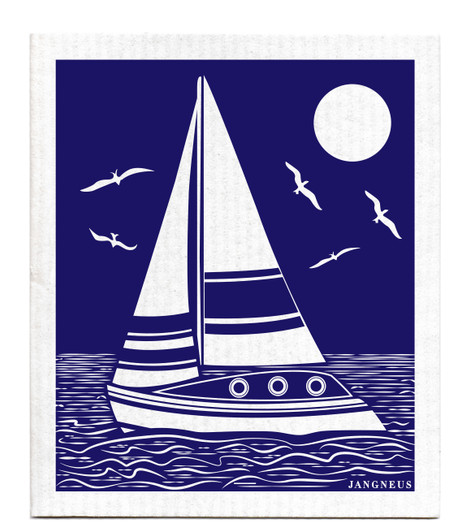 Blue sailing boat patterned reusable Swedish dishcloth made from cellulose and cotton by Jangneus