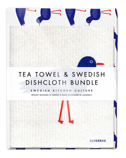 Blue bird tea towel with two matching reusable Swedish dishcloths by Jangneus