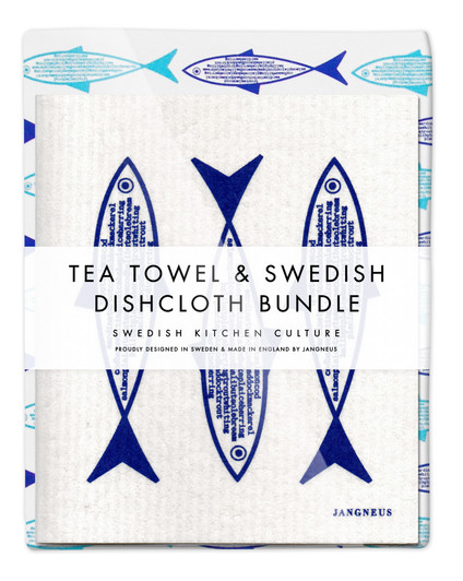 Blue fish tea towel with two matching reusable Swedish dishcloths by Jangneus