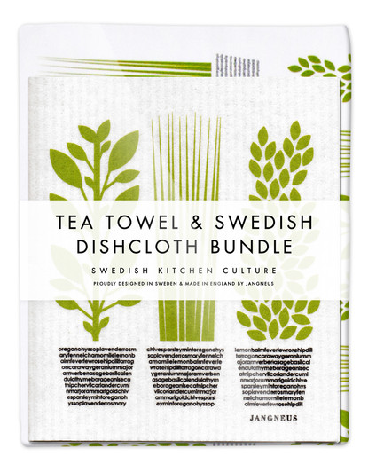 Green herbs tea towel with two matching reusable Swedish dishcloths by Jangneus