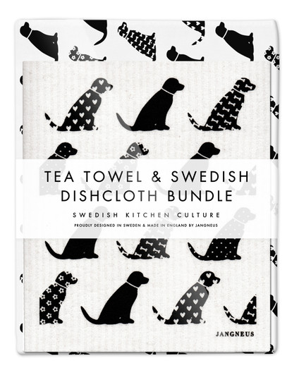 Dogs Tea Towel & 2 Dogs Dishcloths Bundle – Black