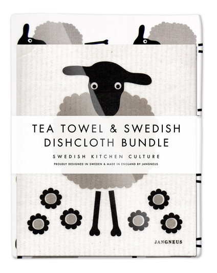 Black sheep tea towel with two matching reusable Swedish dishcloths by Jangneus
