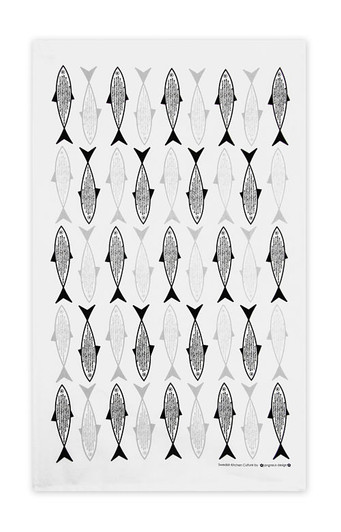Black fish patterned Scandinavian linen cotton kitchen towel by Jangneus