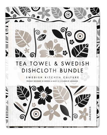 Black garden tea towel with two matching reusable Swedish dishcloths by Jangneus