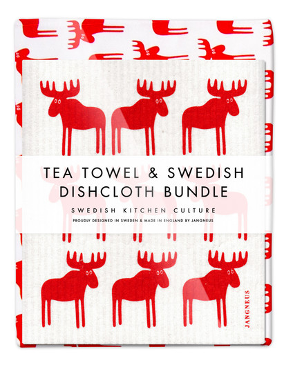 Red moose tea towel with two matching reusable Swedish dishcloths by Jangneus