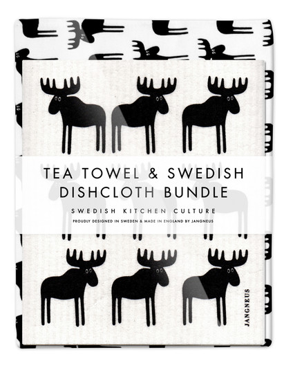 Black moose tea towel with two matching reusable Swedish dishcloths by Jangneus