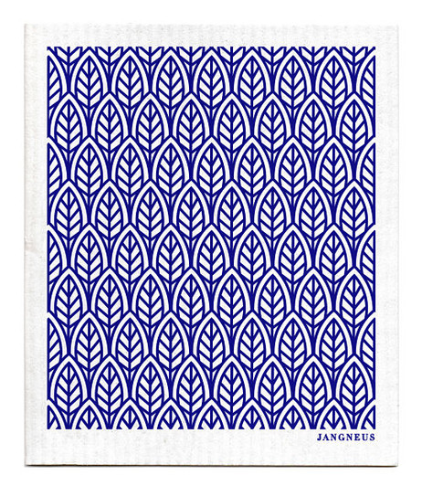 Blue leaves patterned reusable Swedish dishcloth made from cellulose and cotton by Jangneus