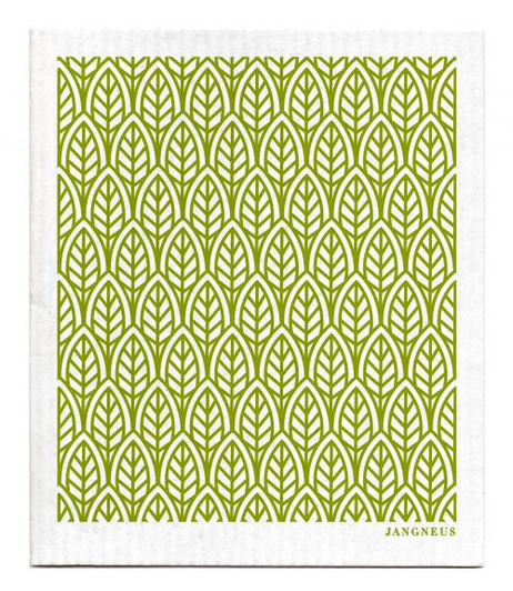 Green leaves patterned reusable Swedish dishcloth made from cellulose and cotton by Jangneus.